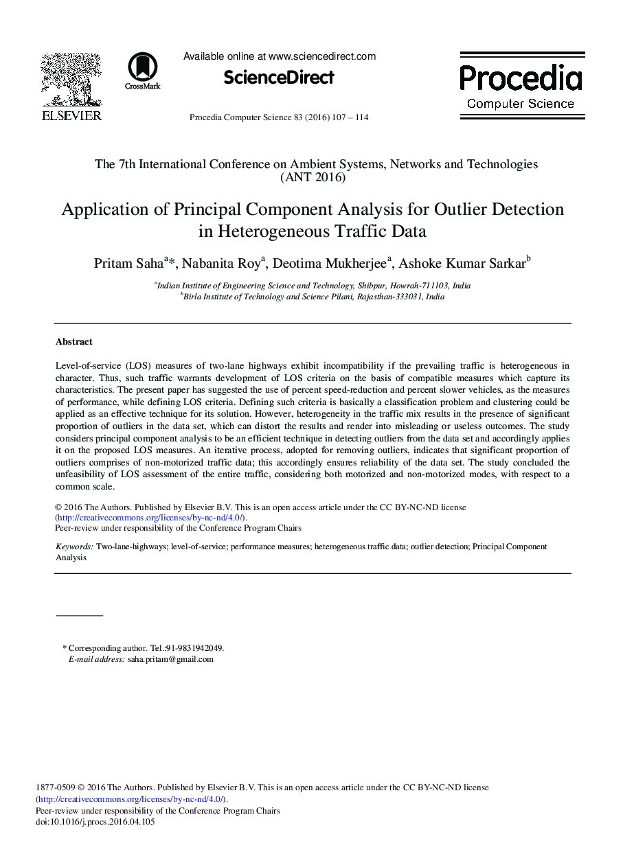 Application of Principal Component Analysis for Outlier Detection in Heterogeneous Traffic Data 