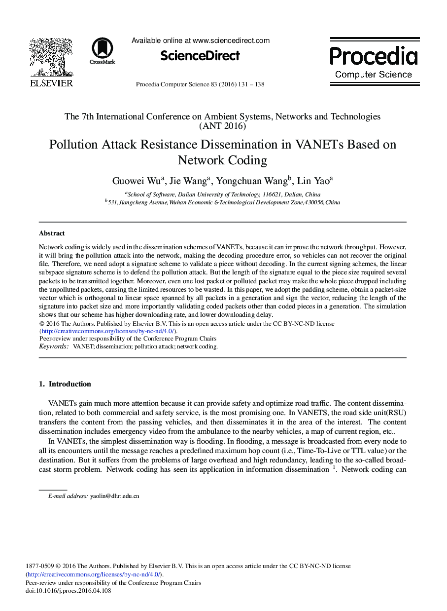 Pollution Attack Resistance Dissemination in VANETs Based on Network Coding 