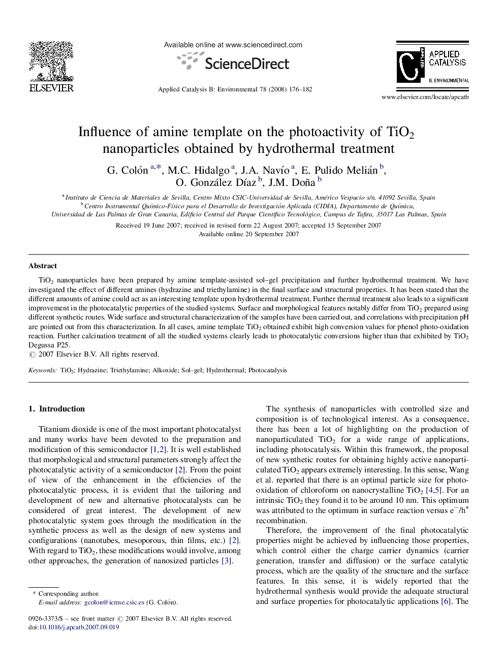 Influence of amine template on the photoactivity of TiO2 nanoparticles obtained by hydrothermal treatment
