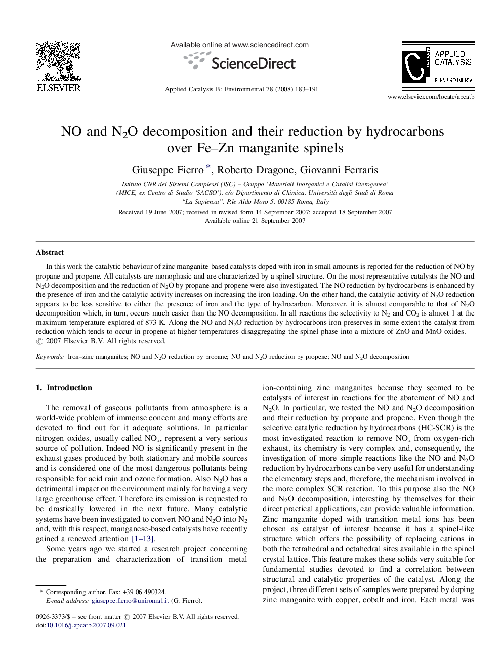 NO and N2O decomposition and their reduction by hydrocarbons over Fe–Zn manganite spinels