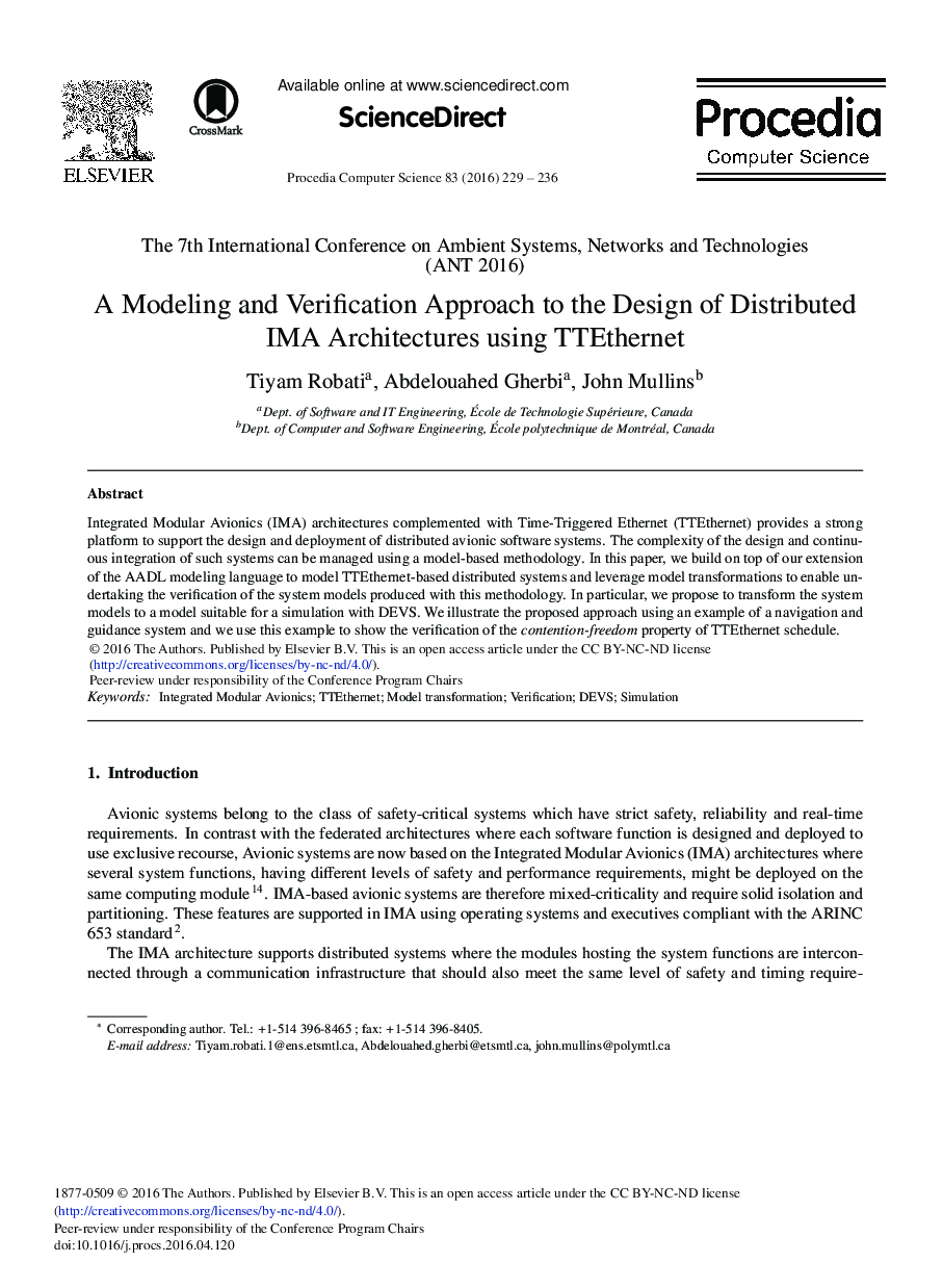 A Modeling and Verification Approach to the Design of Distributed IMA Architectures Using TTEthernet 