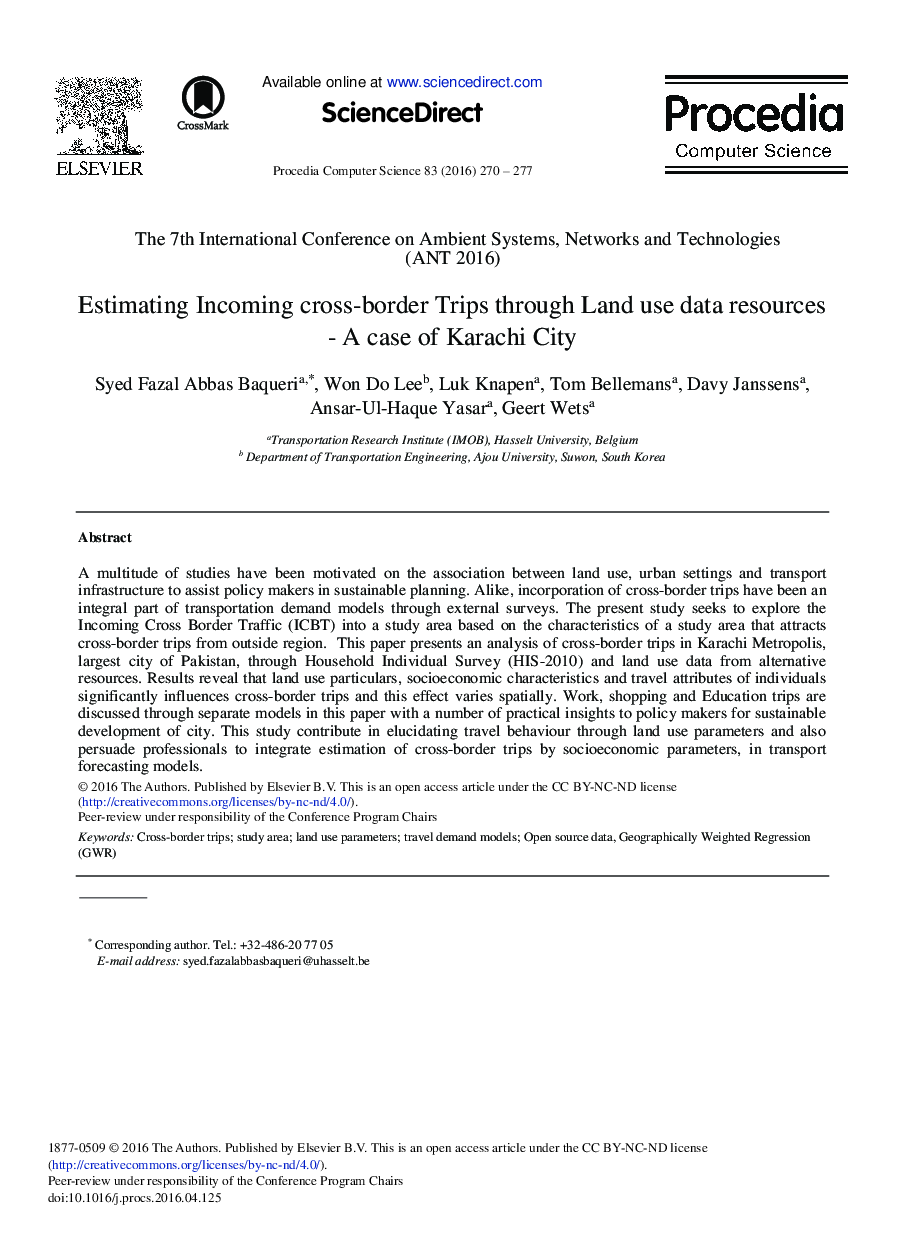 Estimating Incoming Cross-border Trips Through Land Use data Resources – A Case of Karachi City 