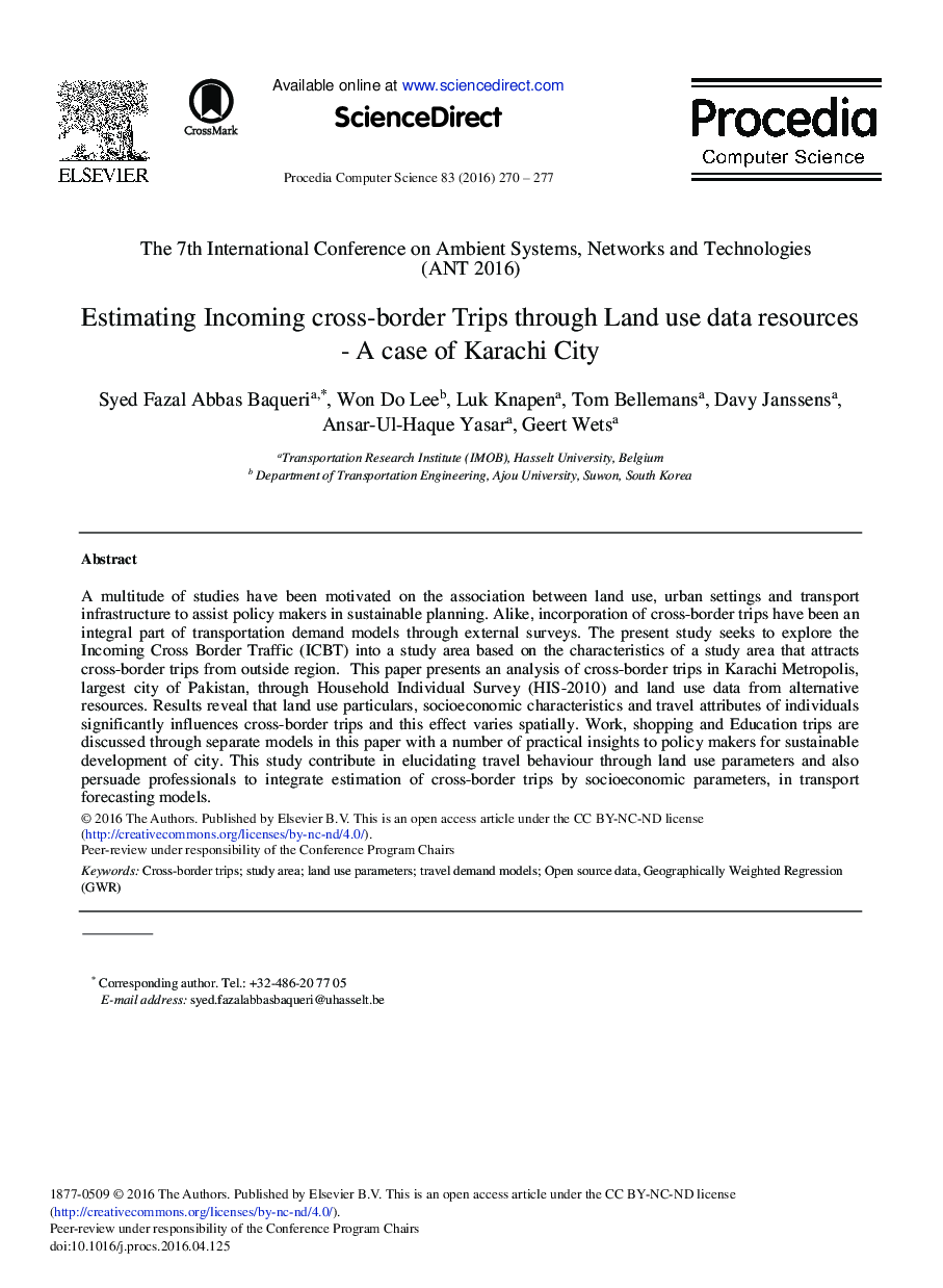 عکس صفحه اول مقاله: Estimating Incoming Cross-border Trips Through Land Use data Resources – A Case of Karachi City Estimating Incoming Cross-border Trips Through Land Use data Resources – A Case of Karachi City