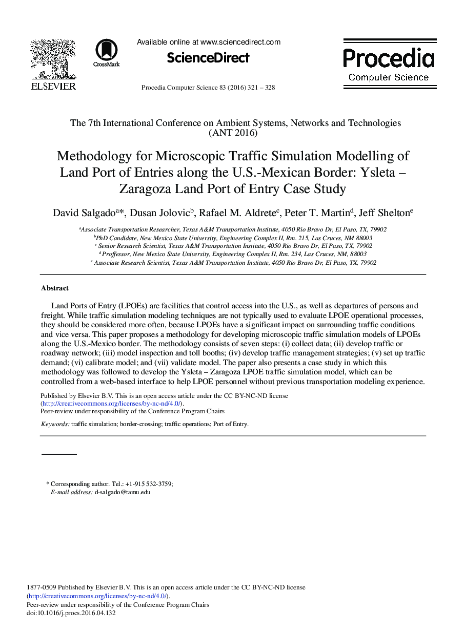 Methodology for Microscopic Traffic Simulation Modelling of Land Port of Entries along the U.S.-Mexican Border: Ysleta – Zaragoza Land Port of Entry Case Study 