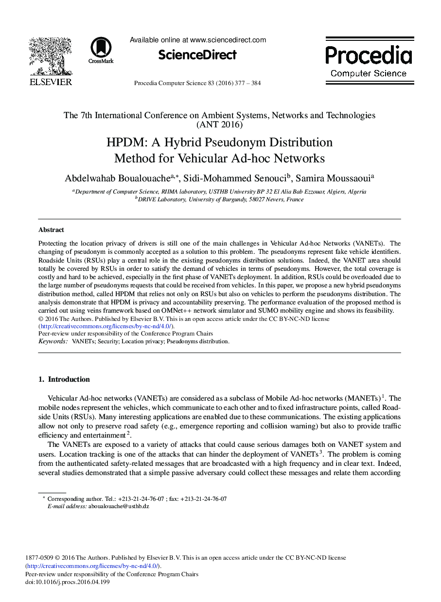 HPDM: A Hybrid Pseudonym Distribution Method for Vehicular Ad-hoc Networks 