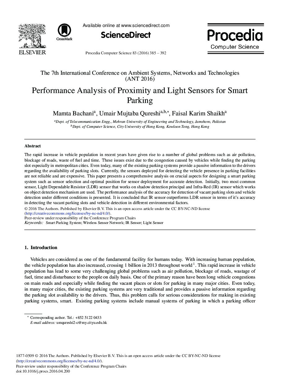 Performance Analysis of Proximity and Light Sensors for Smart Parking 