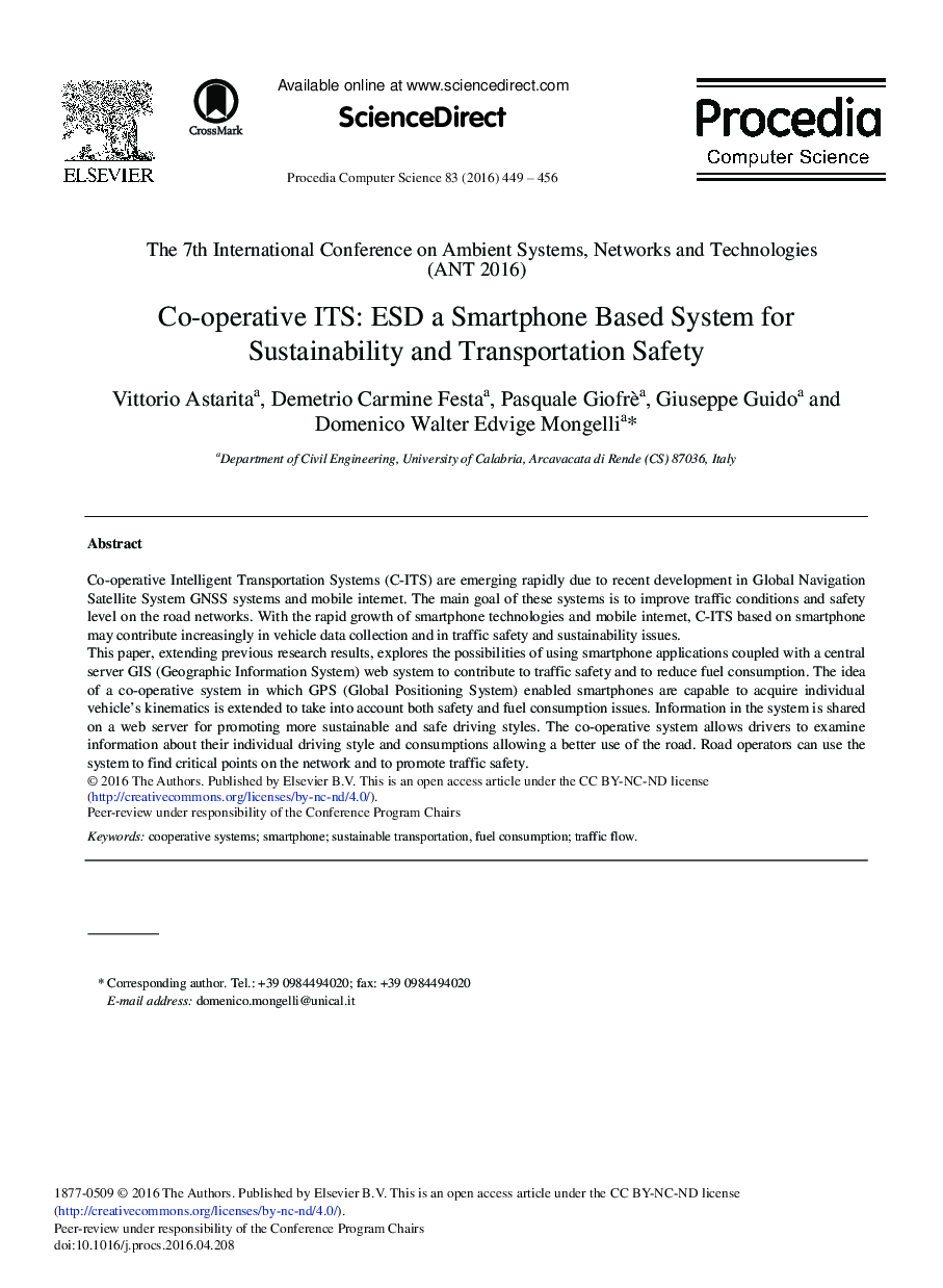 Co-operative ITS: ESD a Smartphone Based System for Sustainability and Transportation Safety 