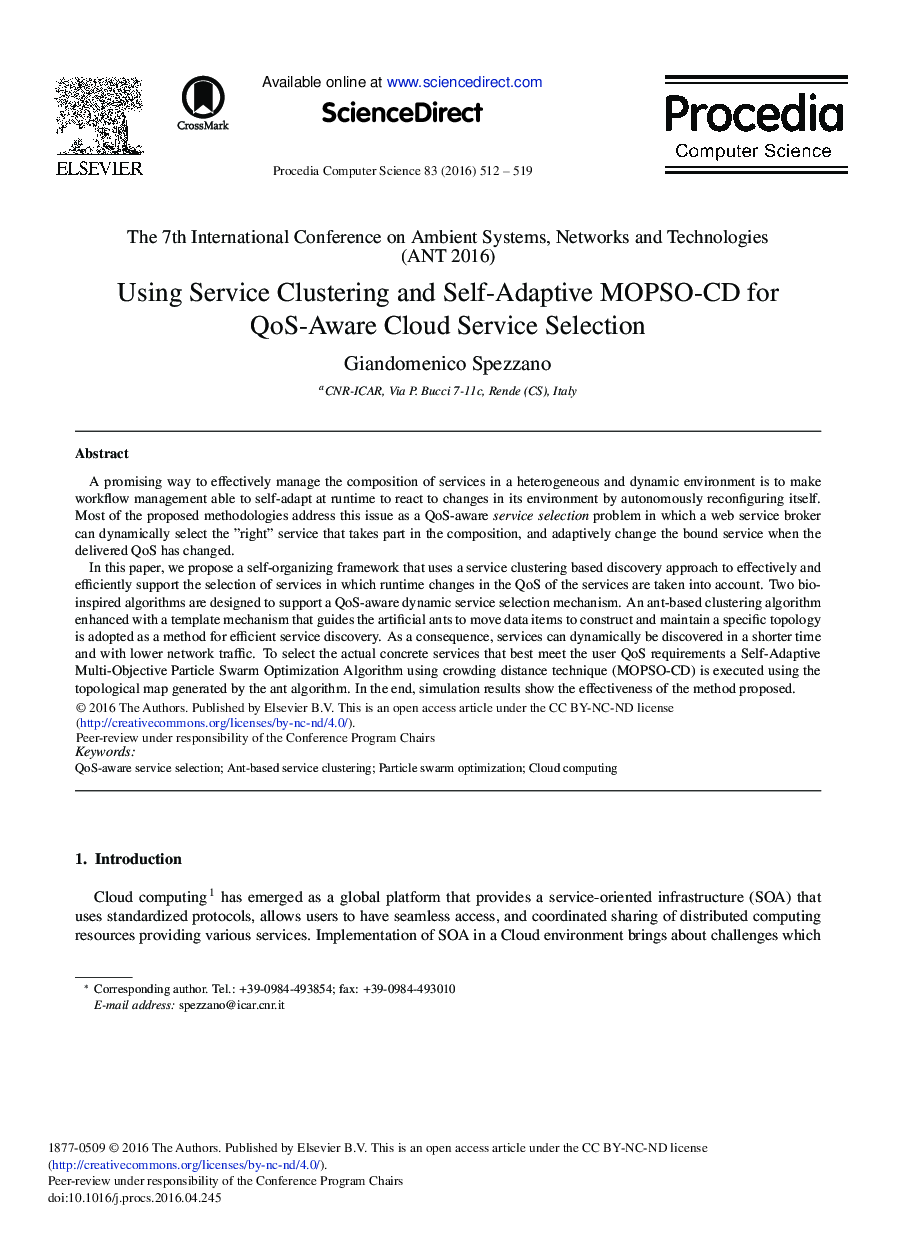Using Service Clustering and Self-Adaptive MOPSO-CD for QoS-Aware Cloud Service Selection 