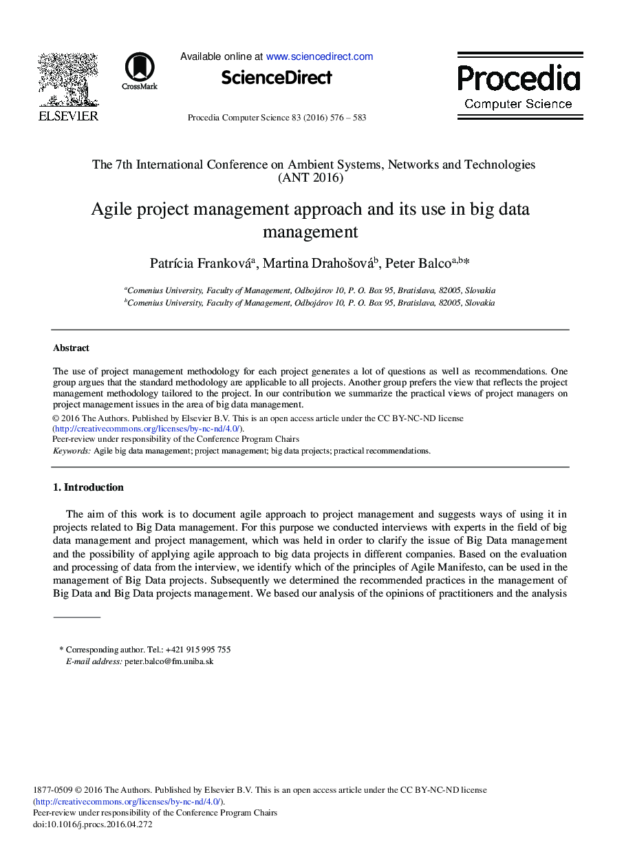Agile Project Management Approach and its Use in Big Data Management 