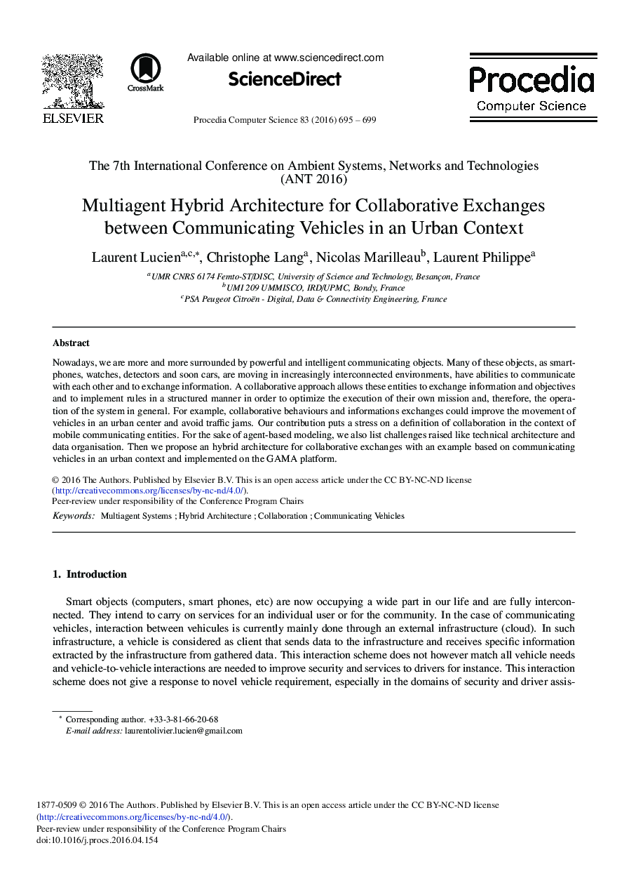 Multiagent Hybrid Architecture for Collaborative Exchanges between Communicating Vehicles in an Urban Context 