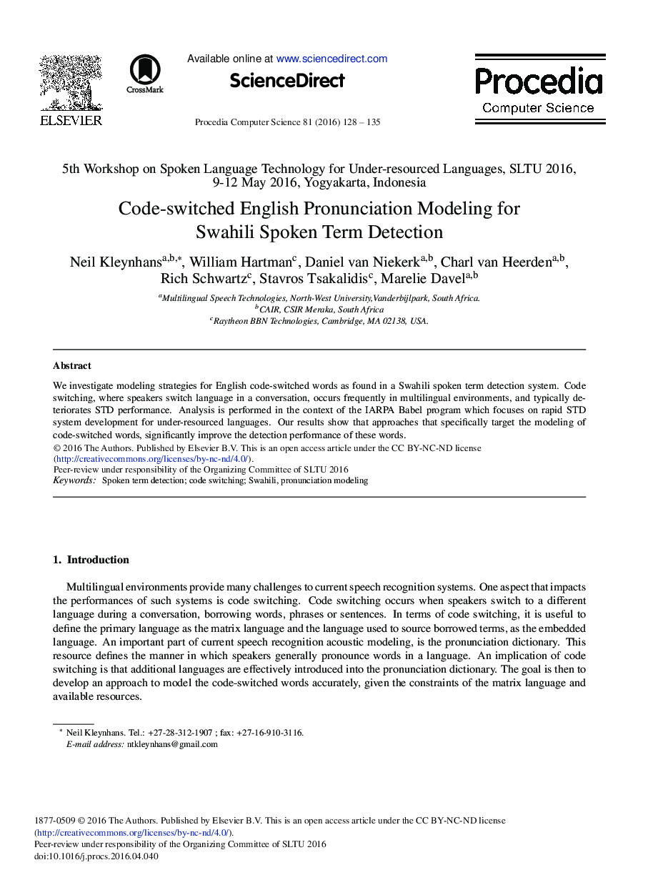 Code-switched English Pronunciation Modeling for Swahili Spoken Term Detection 