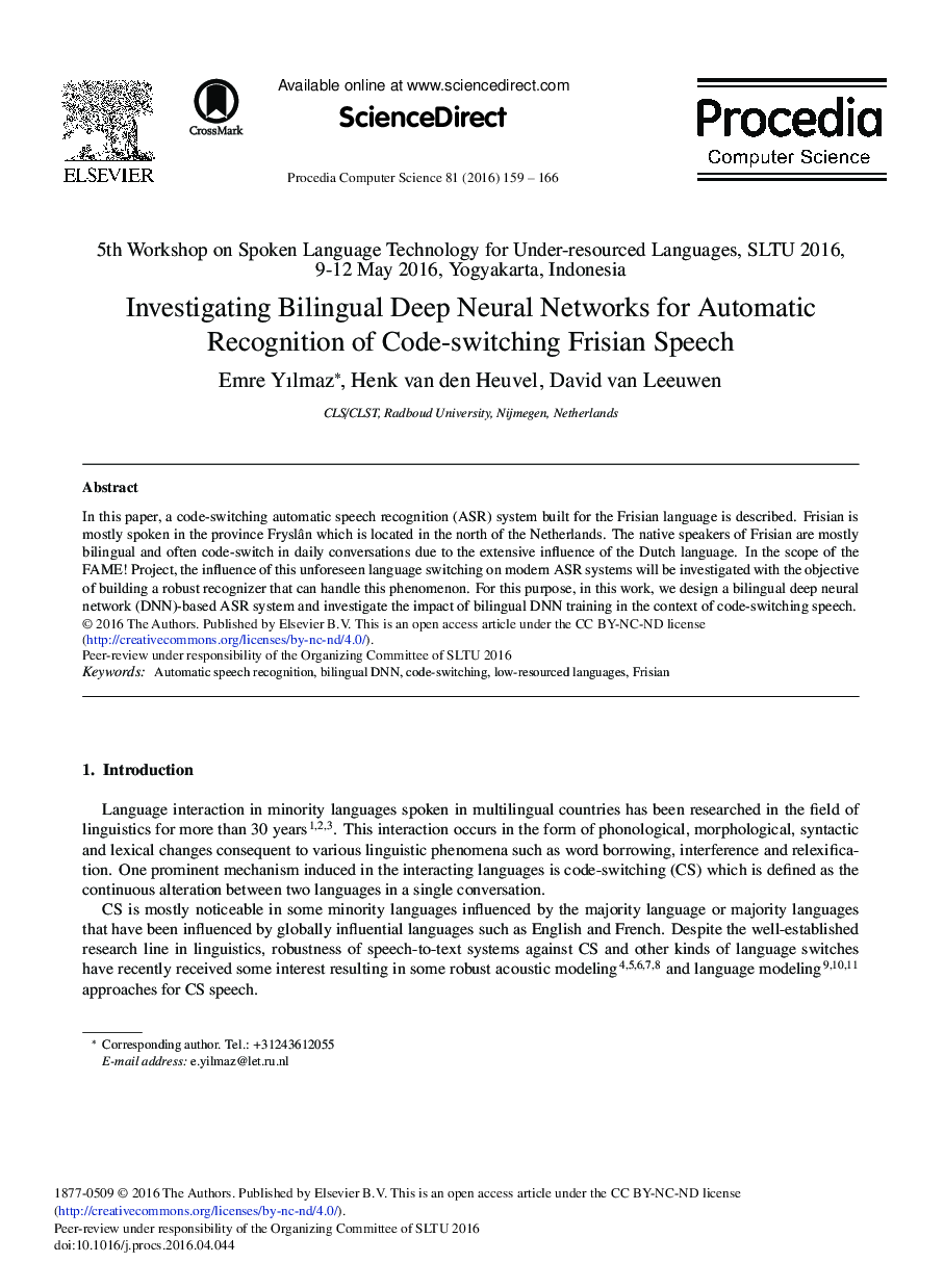 Investigating Bilingual Deep Neural Networks for Automatic Recognition of Code-switching Frisian Speech 