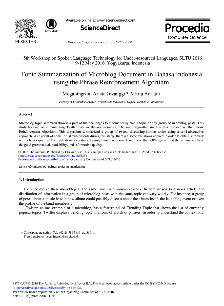 Topic Summarization of Microblog Document in Bahasa Indonesia using the Phrase Reinforcement Algorithm 