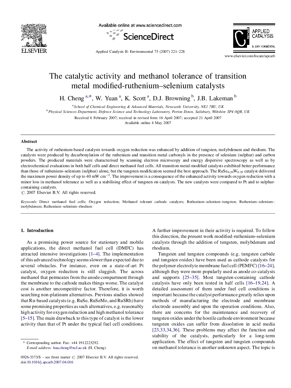 The catalytic activity and methanol tolerance of transition metal modified-ruthenium–selenium catalysts