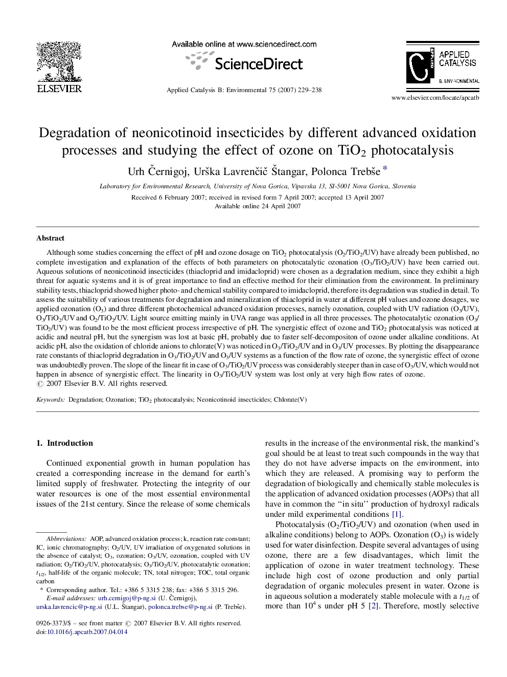 Degradation of neonicotinoid insecticides by different advanced oxidation processes and studying the effect of ozone on TiO2 photocatalysis