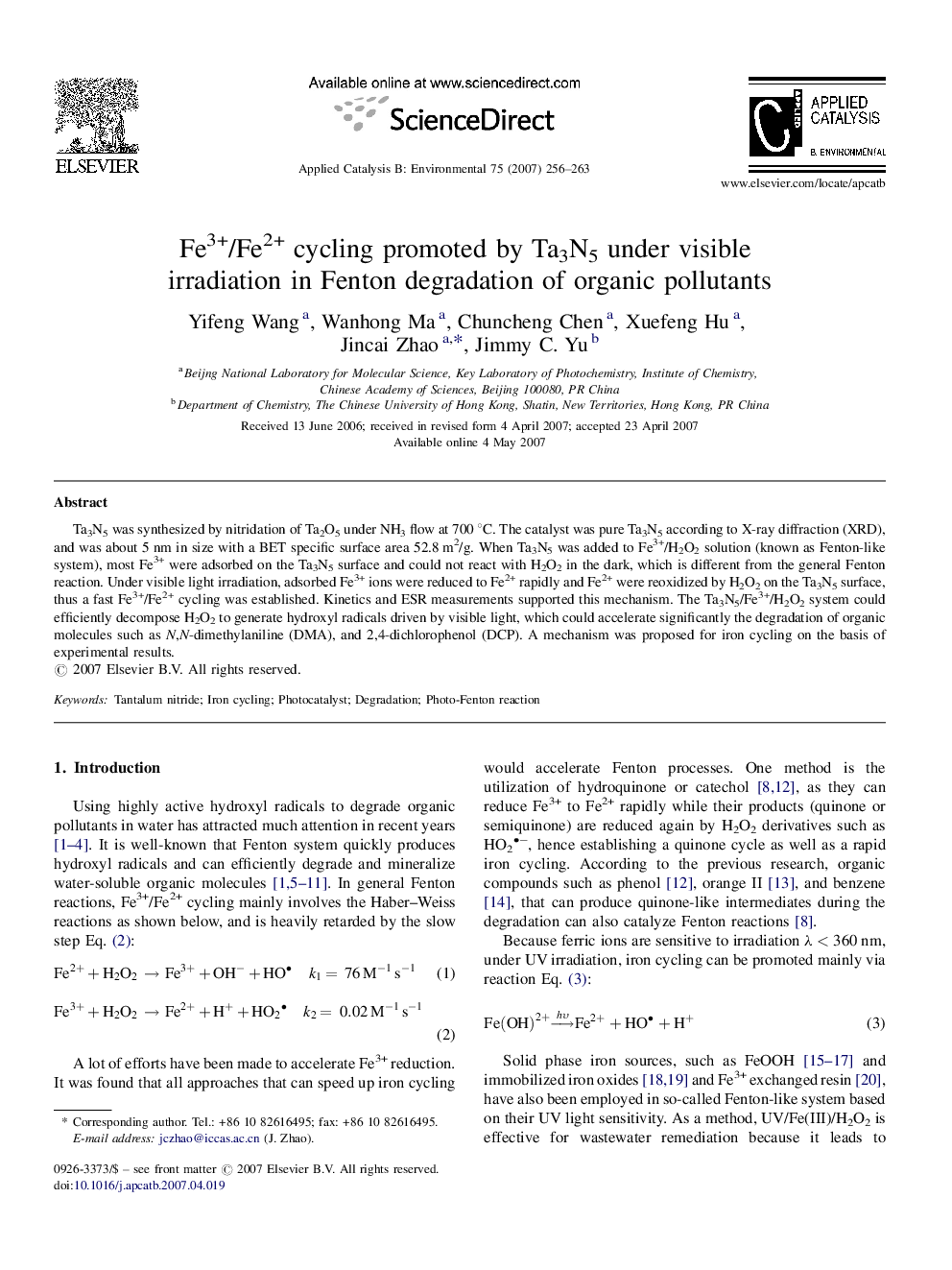 Fe3+/Fe2+ cycling promoted by Ta3N5 under visible irradiation in Fenton degradation of organic pollutants