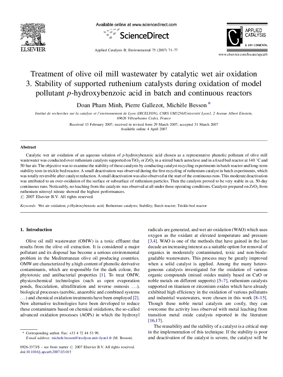 Treatment of olive oil mill wastewater by catalytic wet air oxidation: 3. Stability of supported ruthenium catalysts during oxidation of model pollutant p-hydroxybenzoic acid in batch and continuous reactors