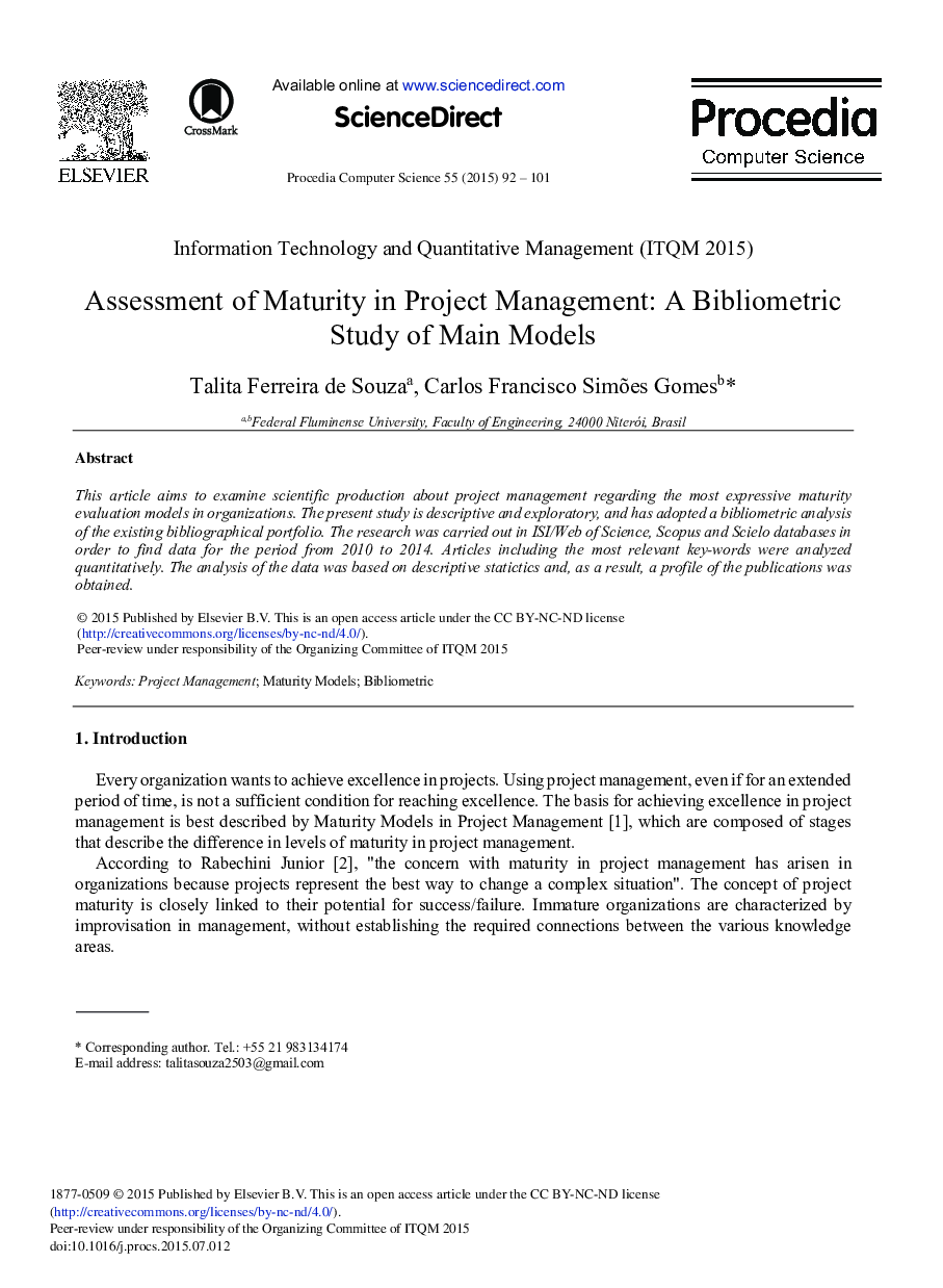 Assessment of Maturity in Project Management: A Bibliometric Study of Main Models 