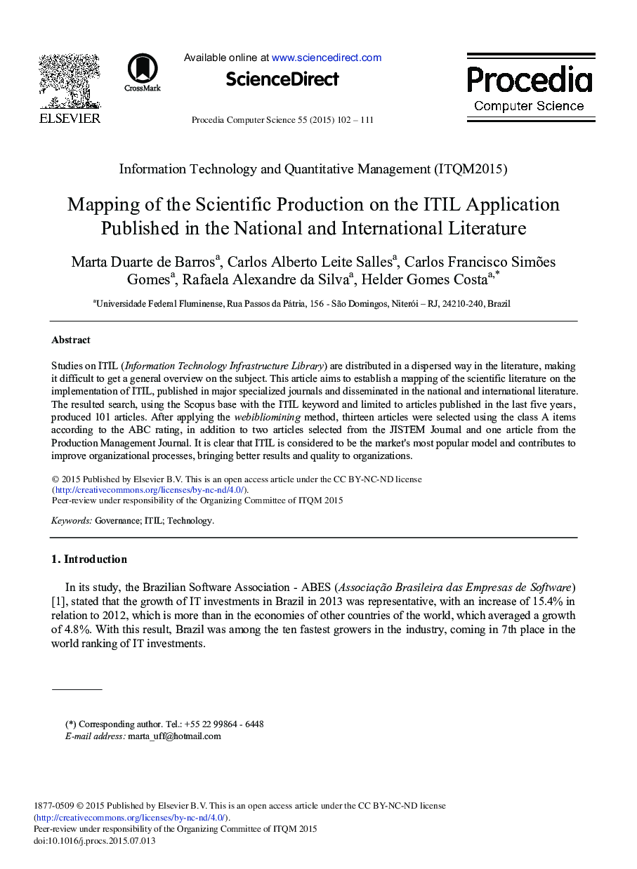 Mapping of the Scientific Production on the ITIL Application Published in the National and International Literature 