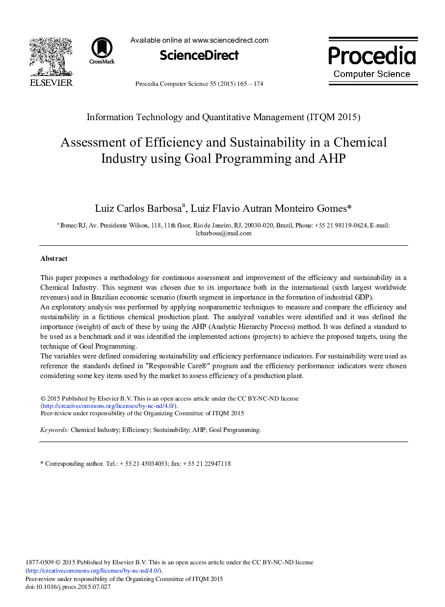 Assessment of Efficiency and Sustainability in a Chemical Industry Using Goal Programming and AHP 