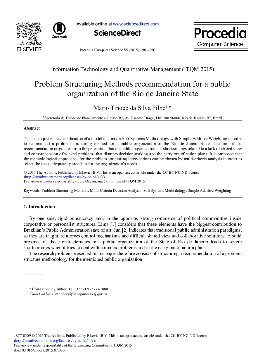 Problem Structuring Methods Recommendation for a Public Organization of the Rio de Janeiro State 