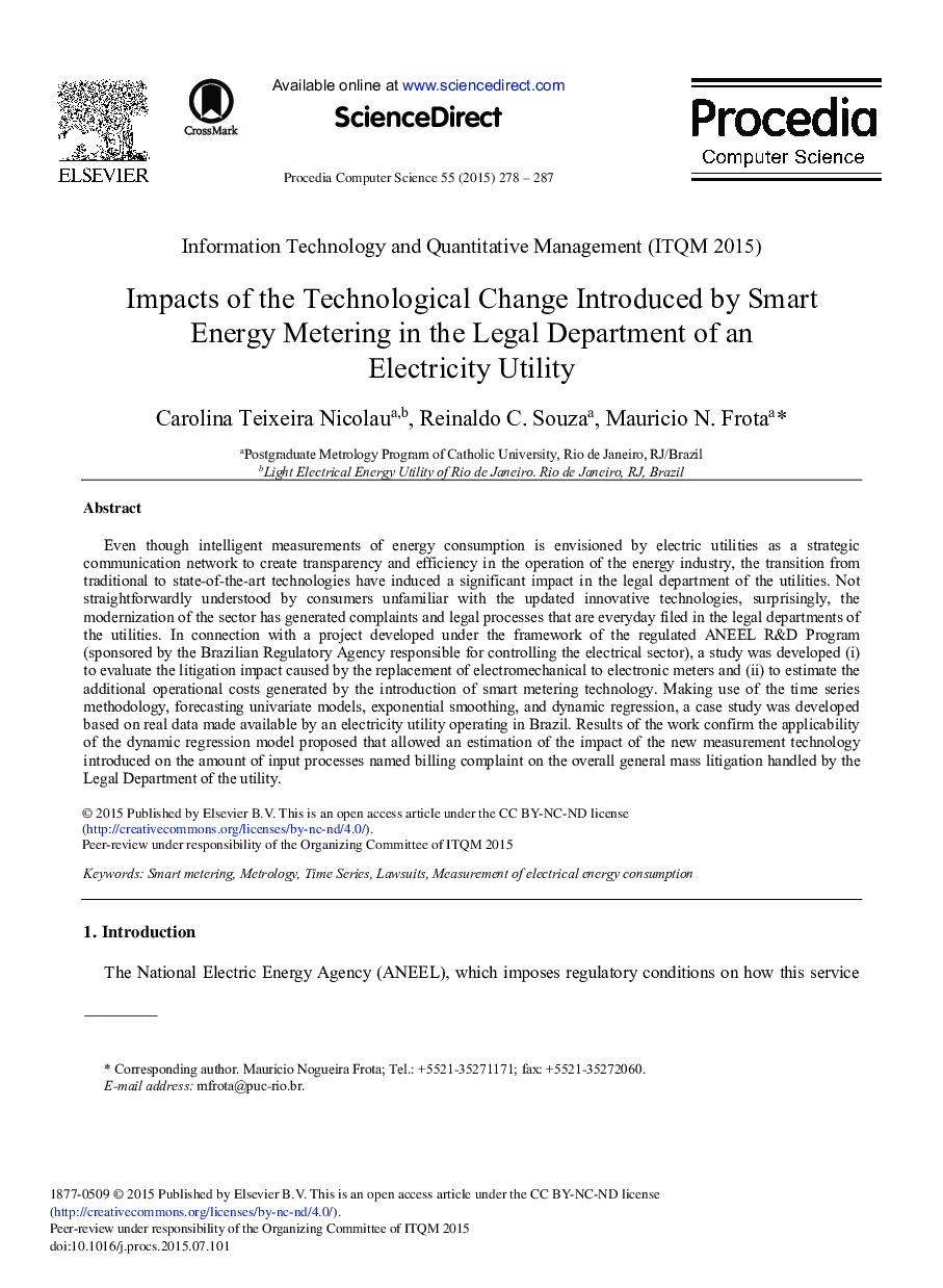 Impacts of the Technological Change Introduced by Smart Energy Metering in the Legal Department of an Electricity Utility 