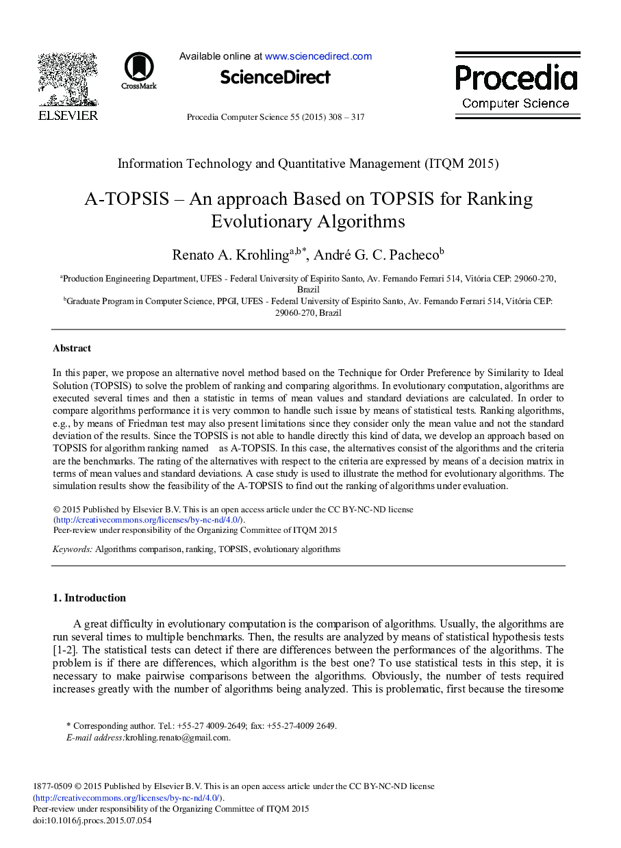 A-TOPSIS – An Approach Based on TOPSIS for Ranking Evolutionary Algorithms 
