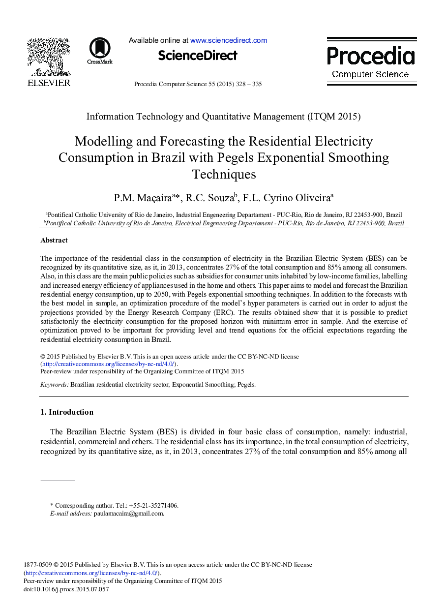 Modelling and Forecasting the Residential Electricity Consumption in Brazil with Pegels Exponential Smoothing Techniques 