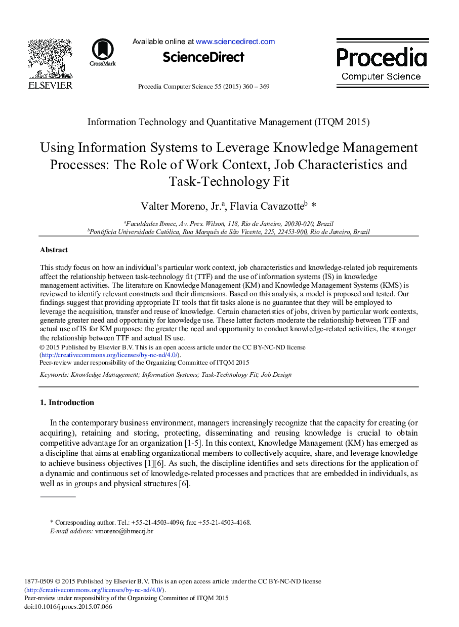 Using Information Systems to Leverage Knowledge Management Processes: The Role of Work Context, Job Characteristics and Task-Technology Fit 