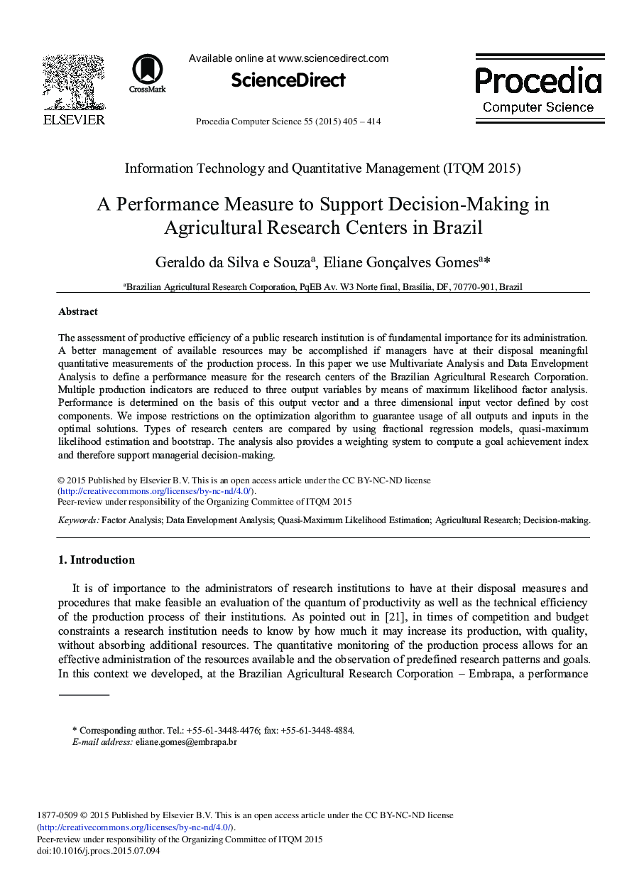 A Performance Measure to Support Decision-Making in Agricultural Research Centers in Brazil 