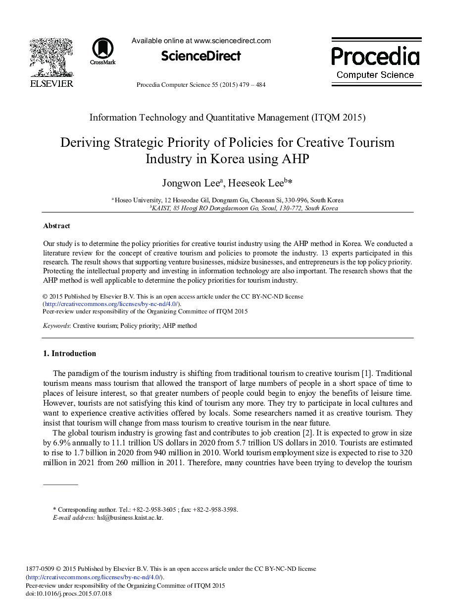 Deriving Strategic Priority of Policies for Creative Tourism Industry in Korea using AHP 