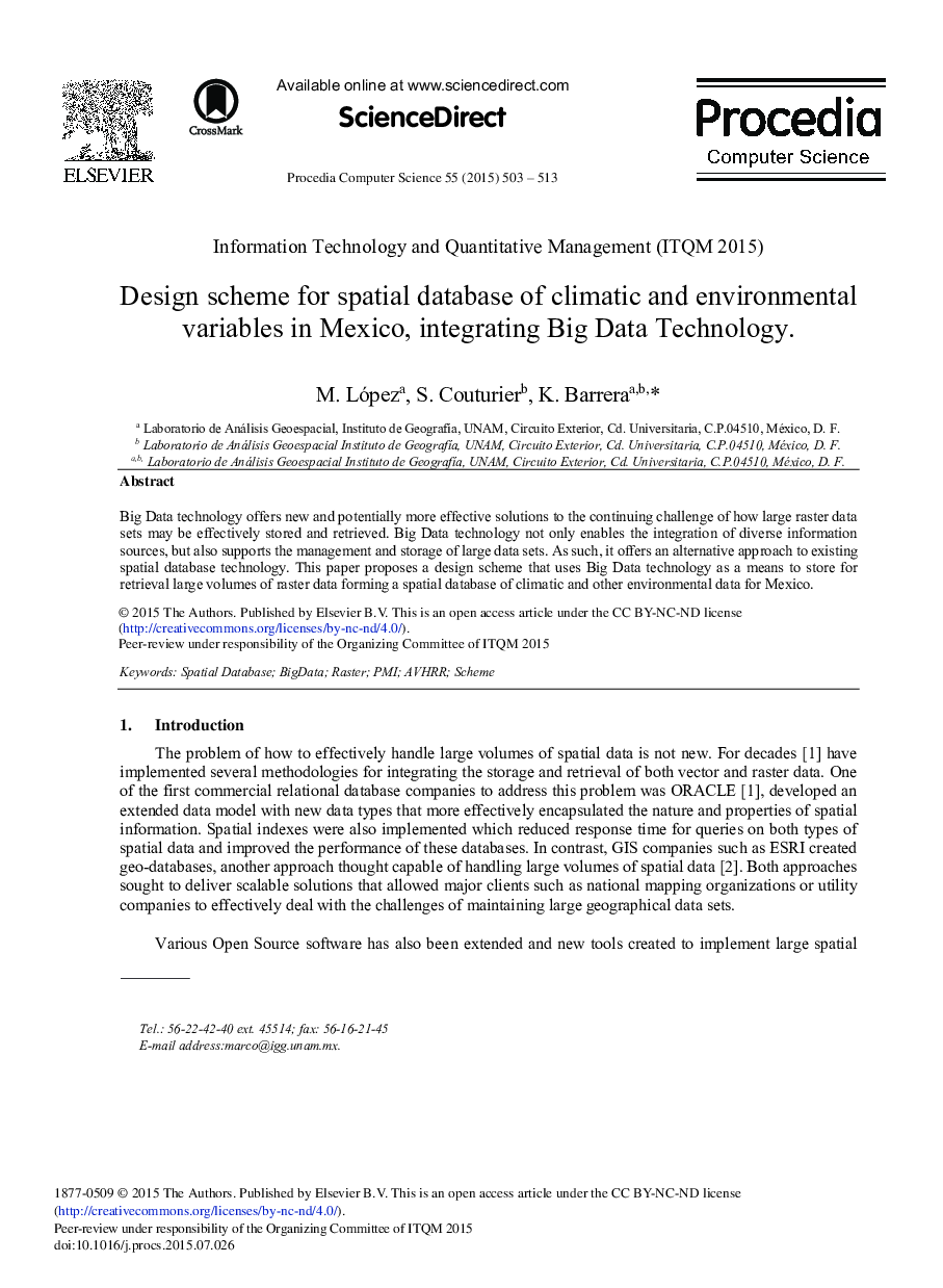 Design Scheme for Spatial Database of Climatic and Environmental Variables in Mexico, Integrating Big Data Technology 