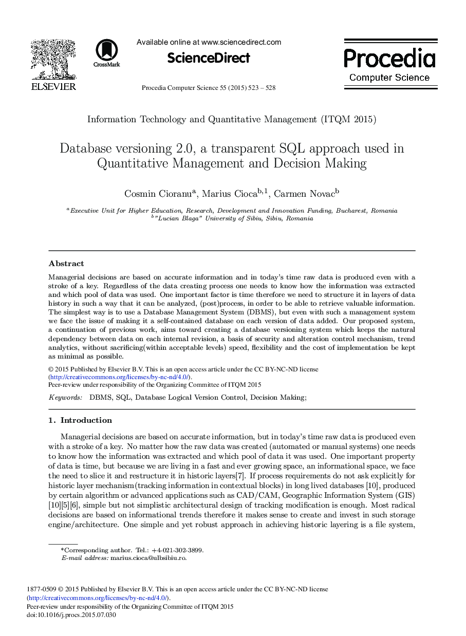 Database Versioning 2.0, a Transparent SQL Approach Used in Quantitative Management and Decision Making 