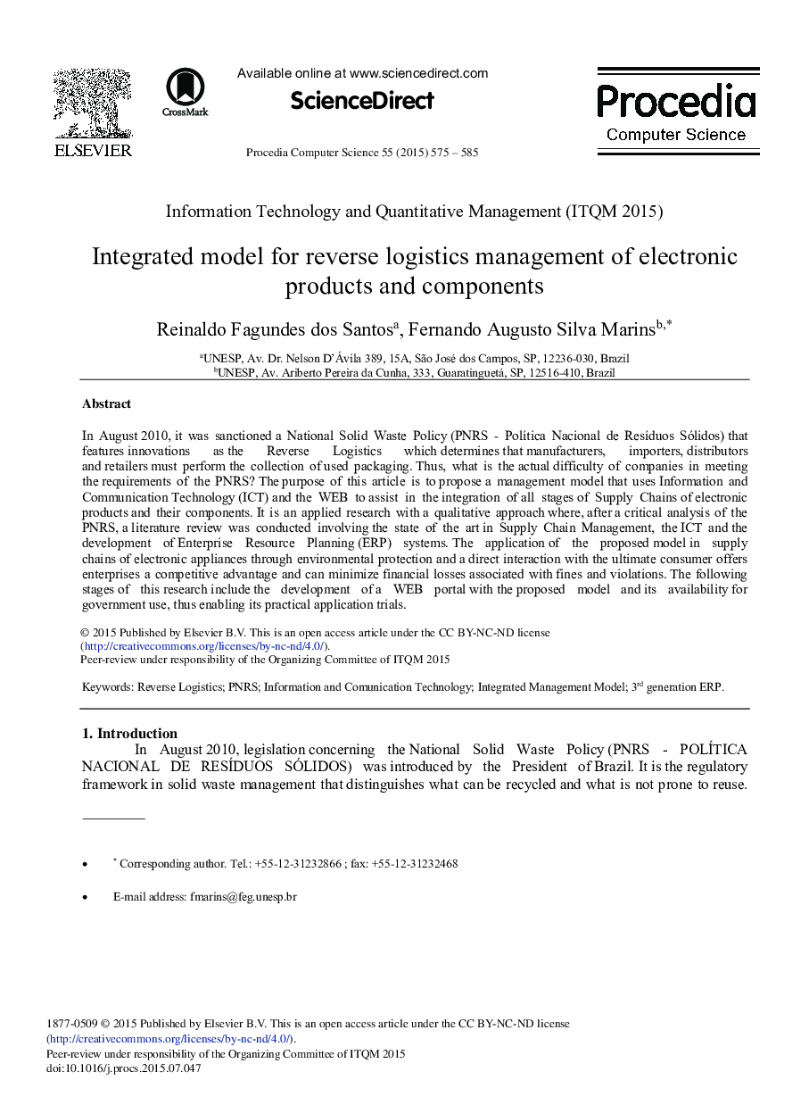 Integrated model for Reverse Logistics Management of Electronic Products and Components 