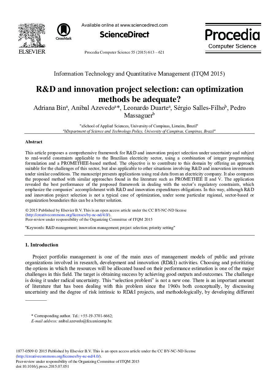 R&D and Innovation Project Selection: Can Optimization Methods be Adequate? 