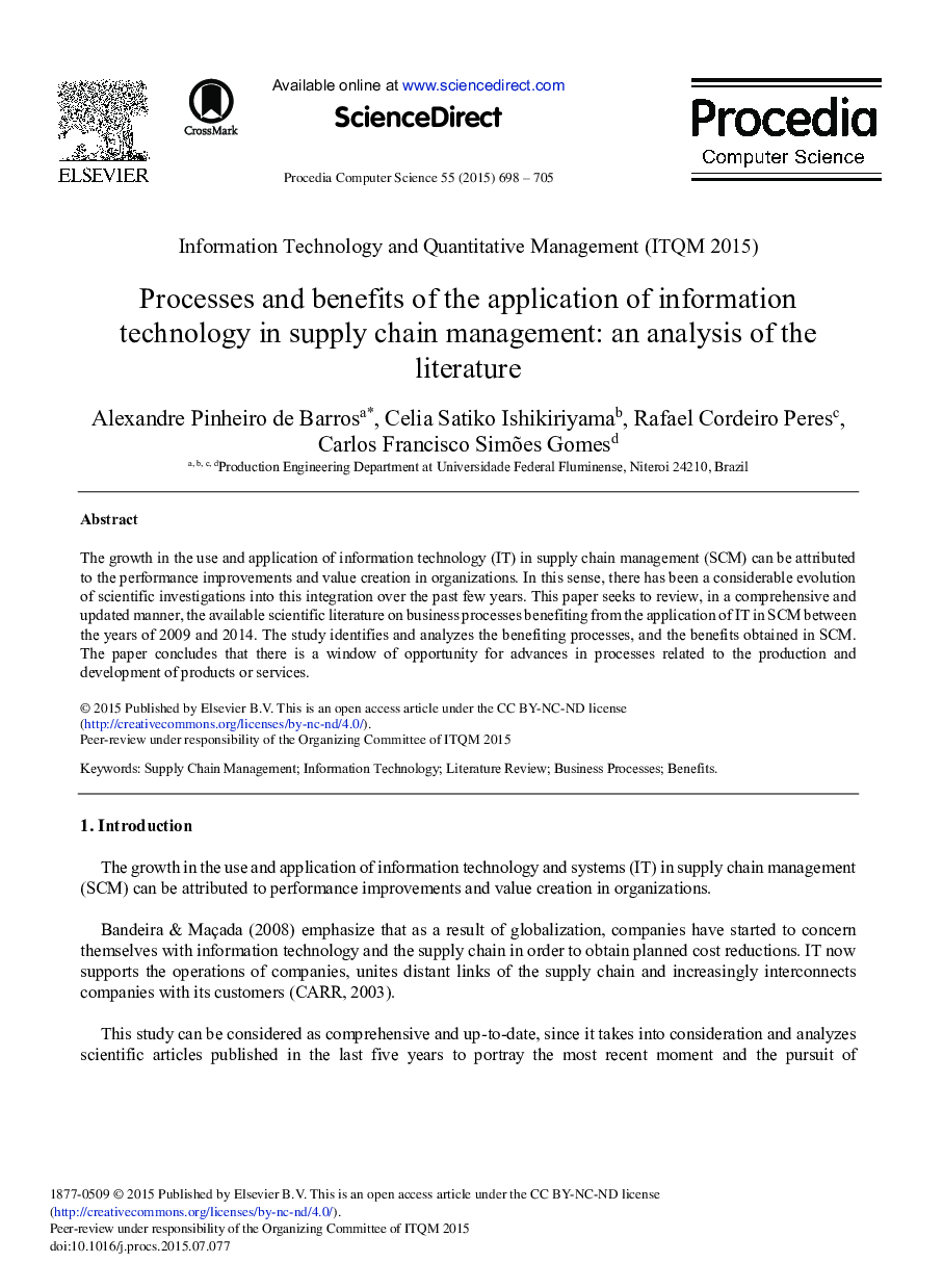 Processes and Benefits of the Application of Information Technology in Supply Chain Management: An Analysis of the Literature 