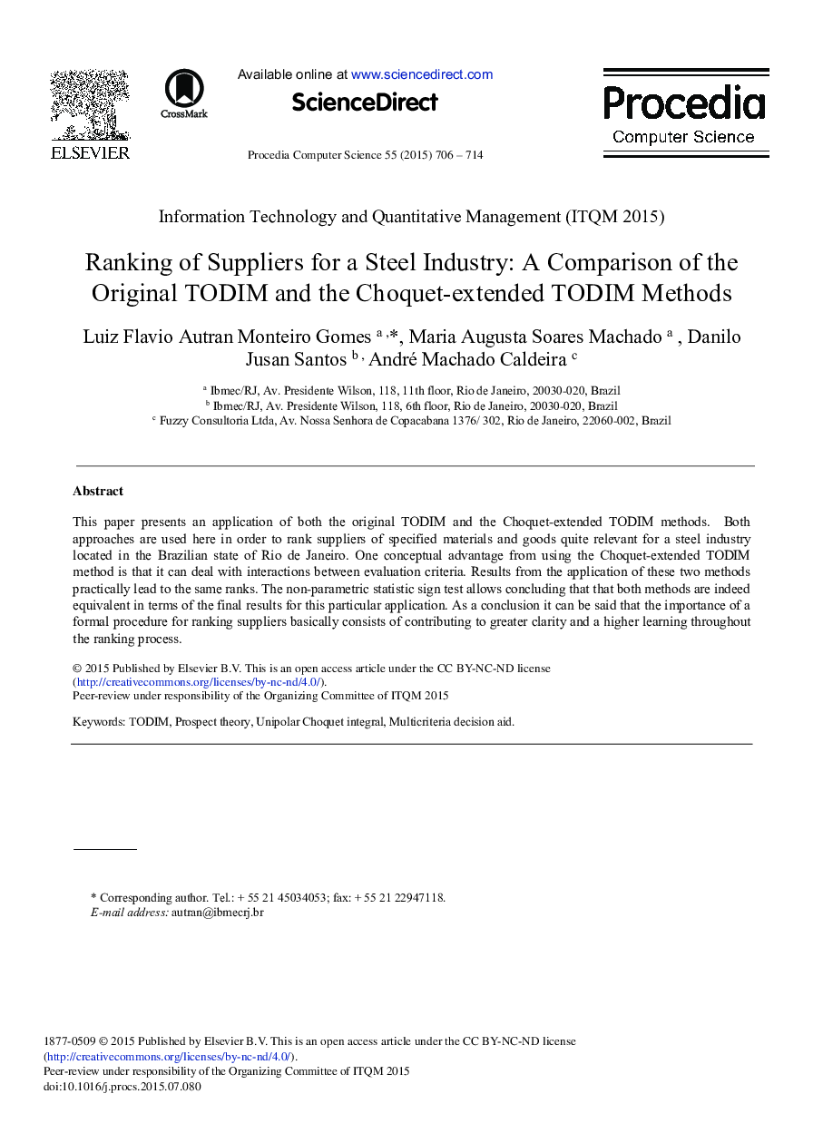 Ranking of Suppliers for a Steel Industry: A Comparison of the Original TODIM and the Choquet-extended TODIM Methods 
