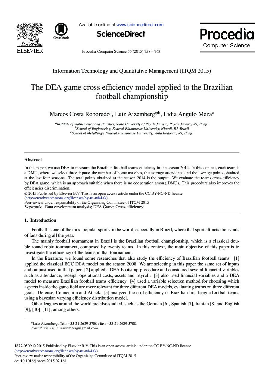 The DEA Game Cross Efficiency Model Applied to the Brazilian Football Championship 