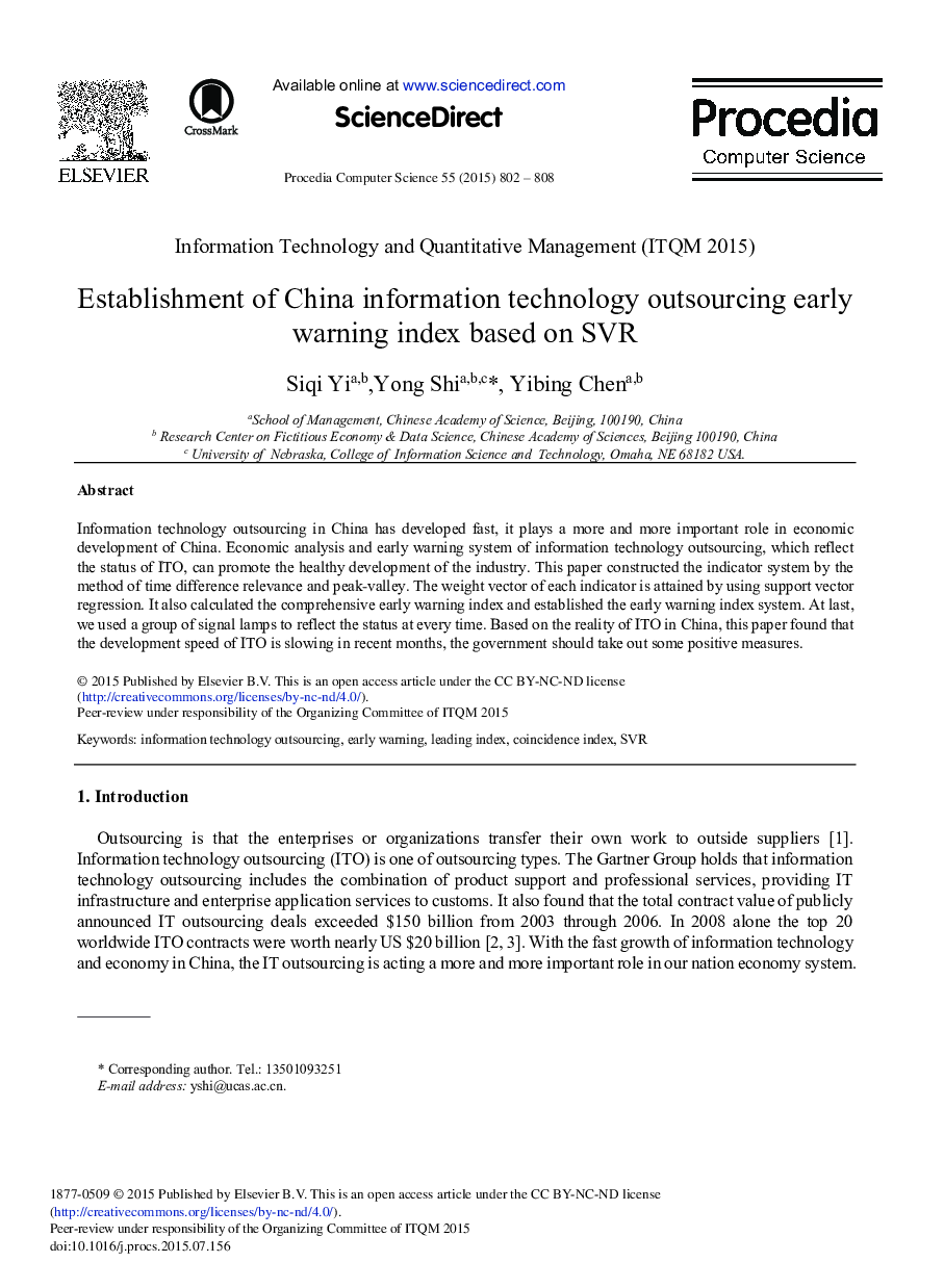 Establishment of China Information Technology Outsourcing Early Warning Index Based on SVR 
