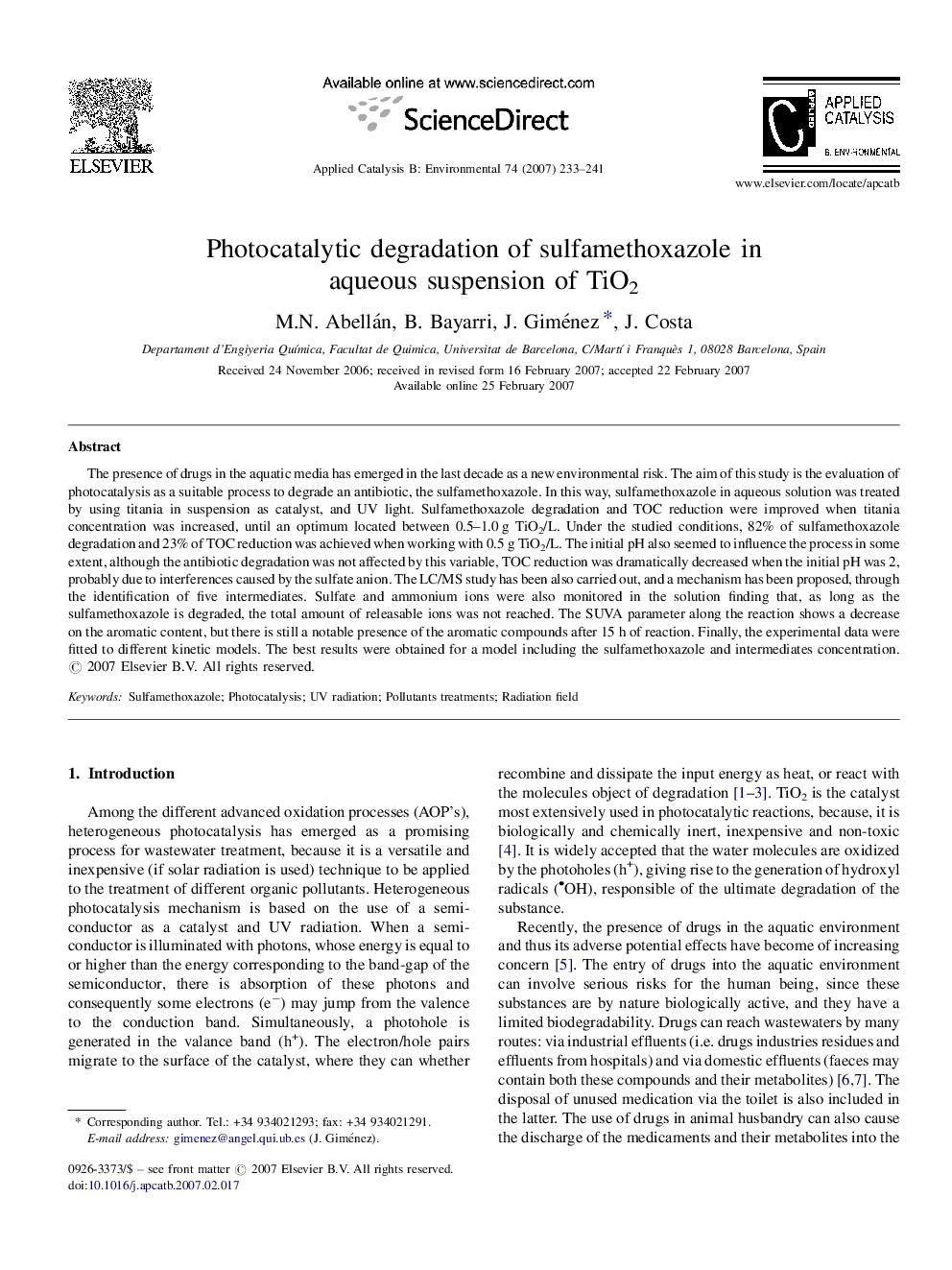 Photocatalytic degradation of sulfamethoxazole in aqueous suspension of TiO2