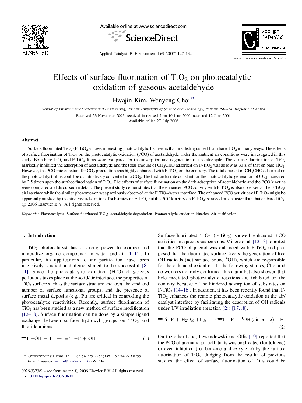 Effects of surface fluorination of TiO2 on photocatalytic oxidation of gaseous acetaldehyde