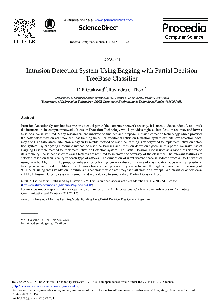 Intrusion Detection System Using Bagging with Partial Decision TreeBase Classifier 