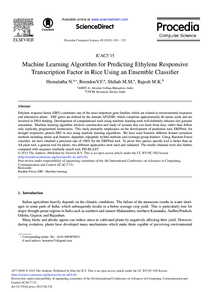 Machine Learning Algorithm for Predicting Ethylene Responsive Transcription Factor in Rice Using an Ensemble Classifier 