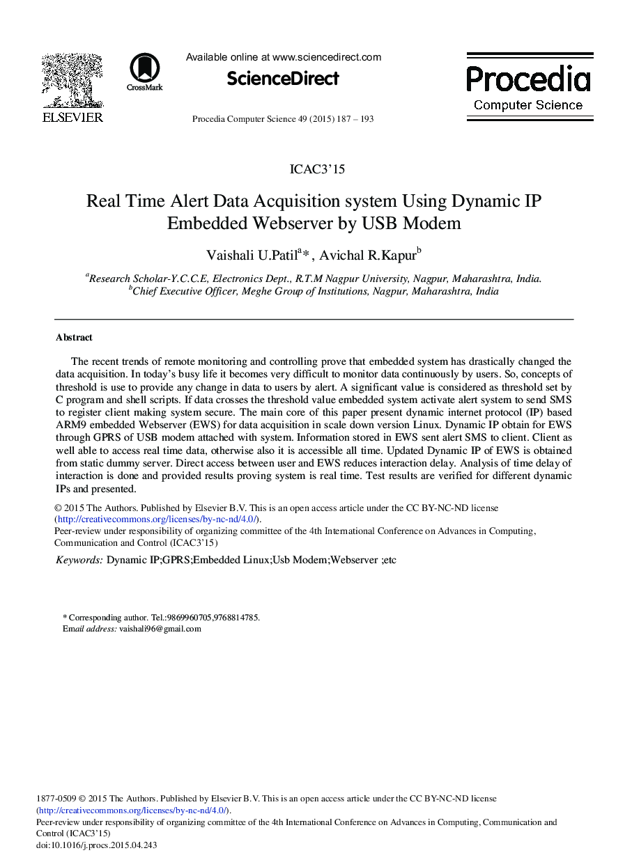 Real Time Alert Data Acquisition system USING Dynamic IP Embedded Webserver by USB Modem 