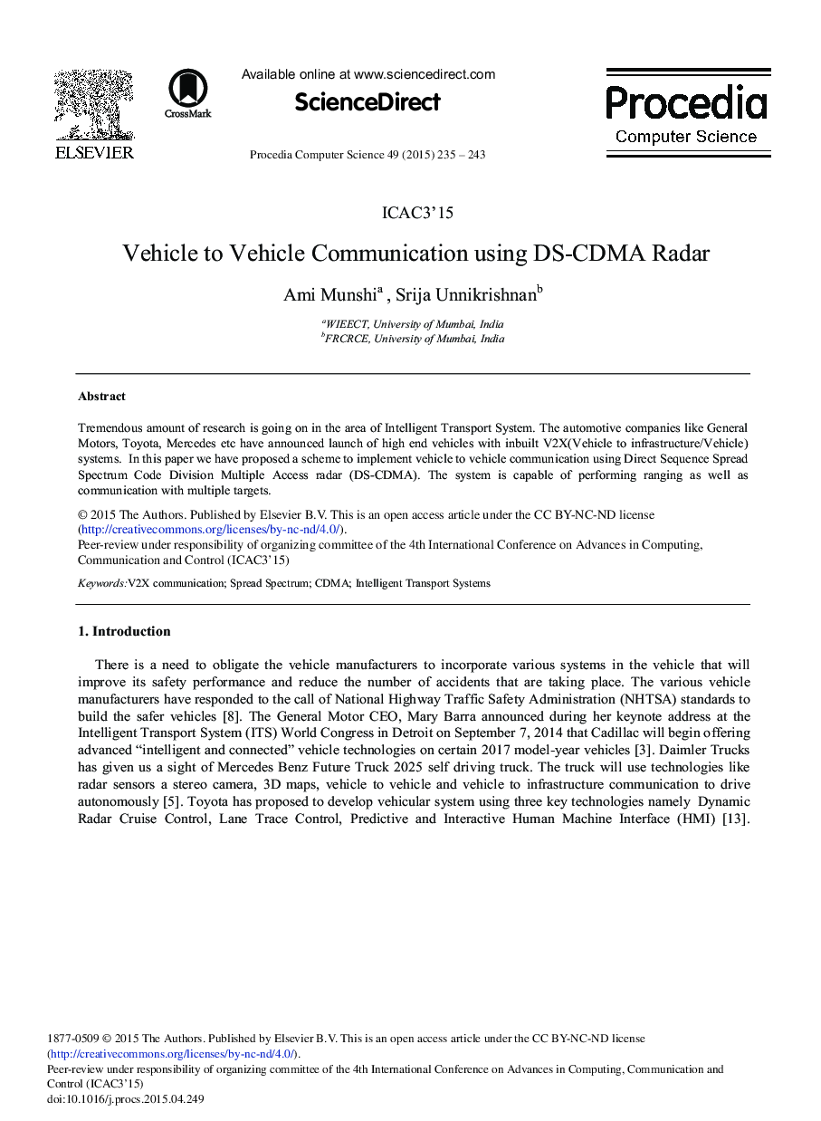 Vehicle to Vehicle Communication Using DS-CDMA Radar 