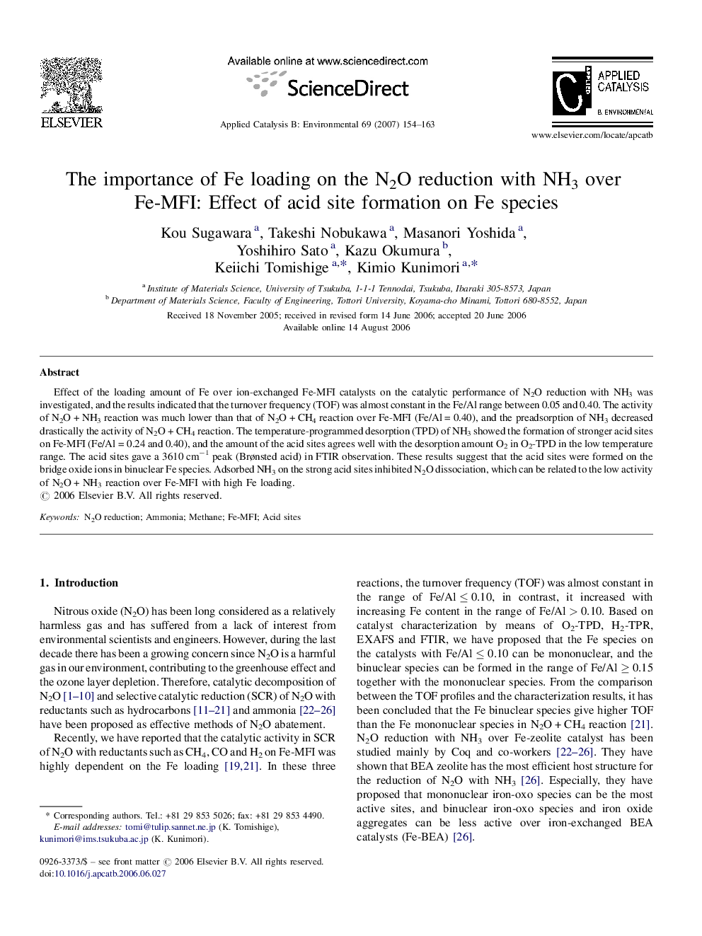 The importance of Fe loading on the N2O reduction with NH3 over Fe-MFI: Effect of acid site formation on Fe species