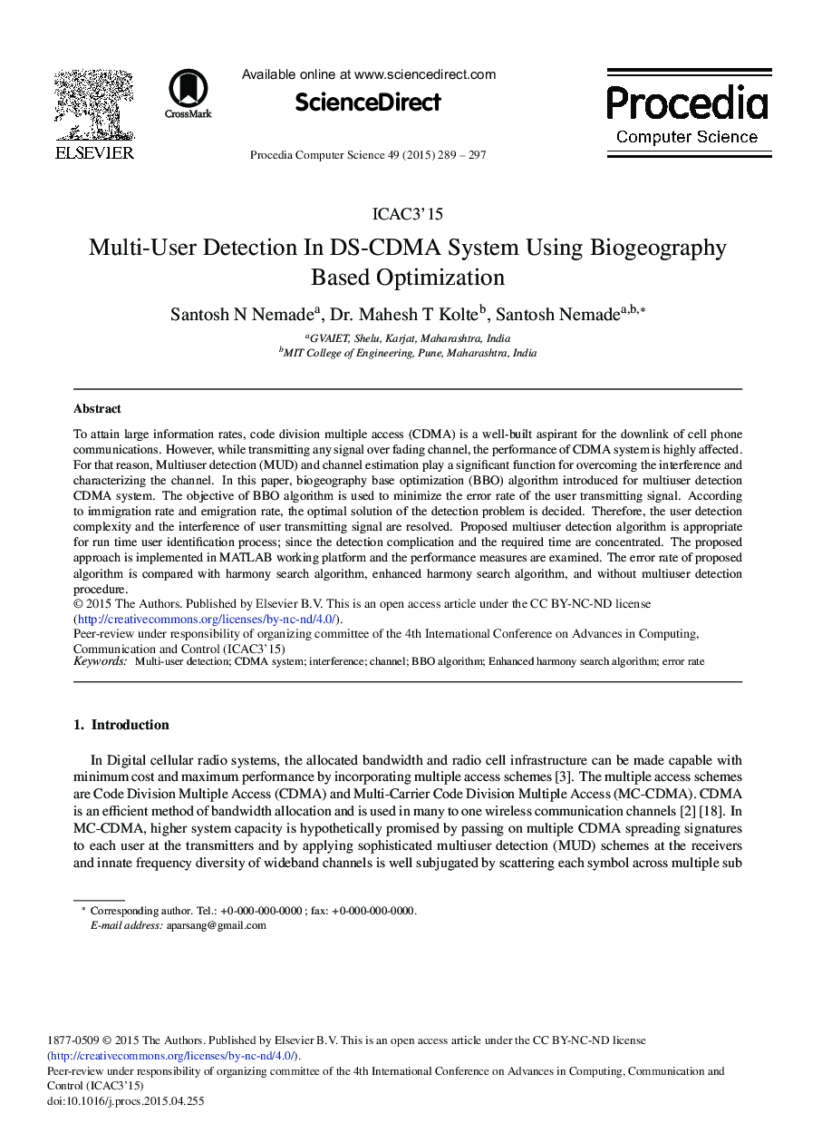 Multi-user Detection in DS-CDMA System Using Biogeography Based Optimization 