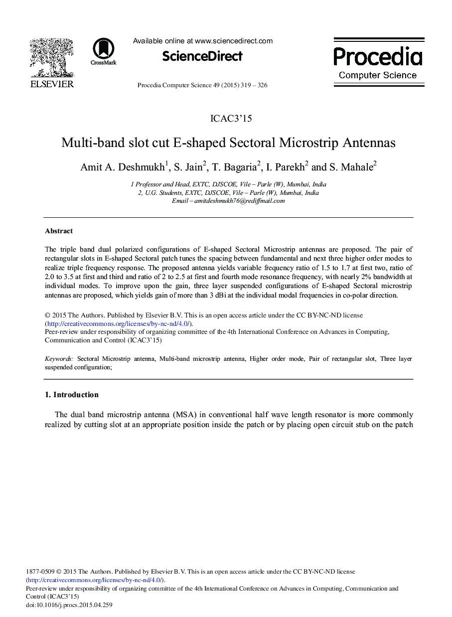 Multi-band Slot Cut E-shaped Sectoral Microstrip Antennas 