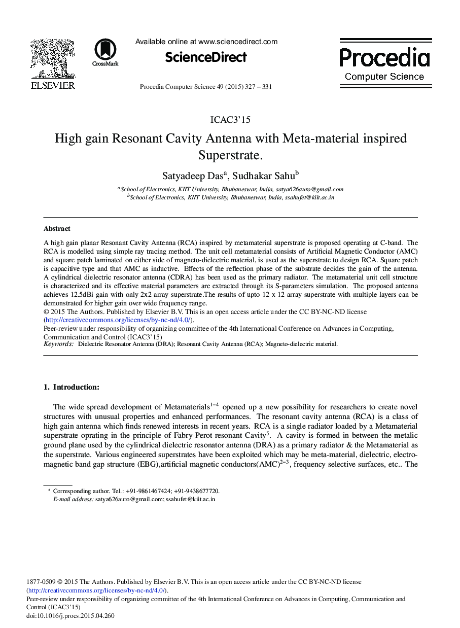 High Gain Resonant Cavity Antenna with Meta-material Inspired Superstrate 