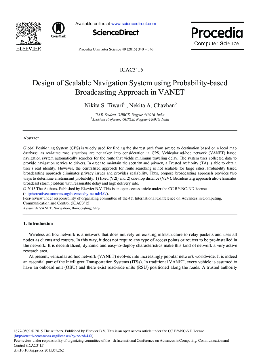 Design of Scalable Navigation System Using Probability-based Broadcasting Approach in VANET 